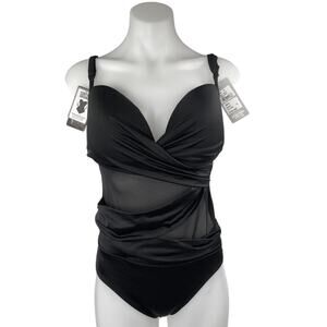 NEW Chamela Black Sleeveless Plunge Neck Mesh One Piece Swimsuit Bikini Size XL